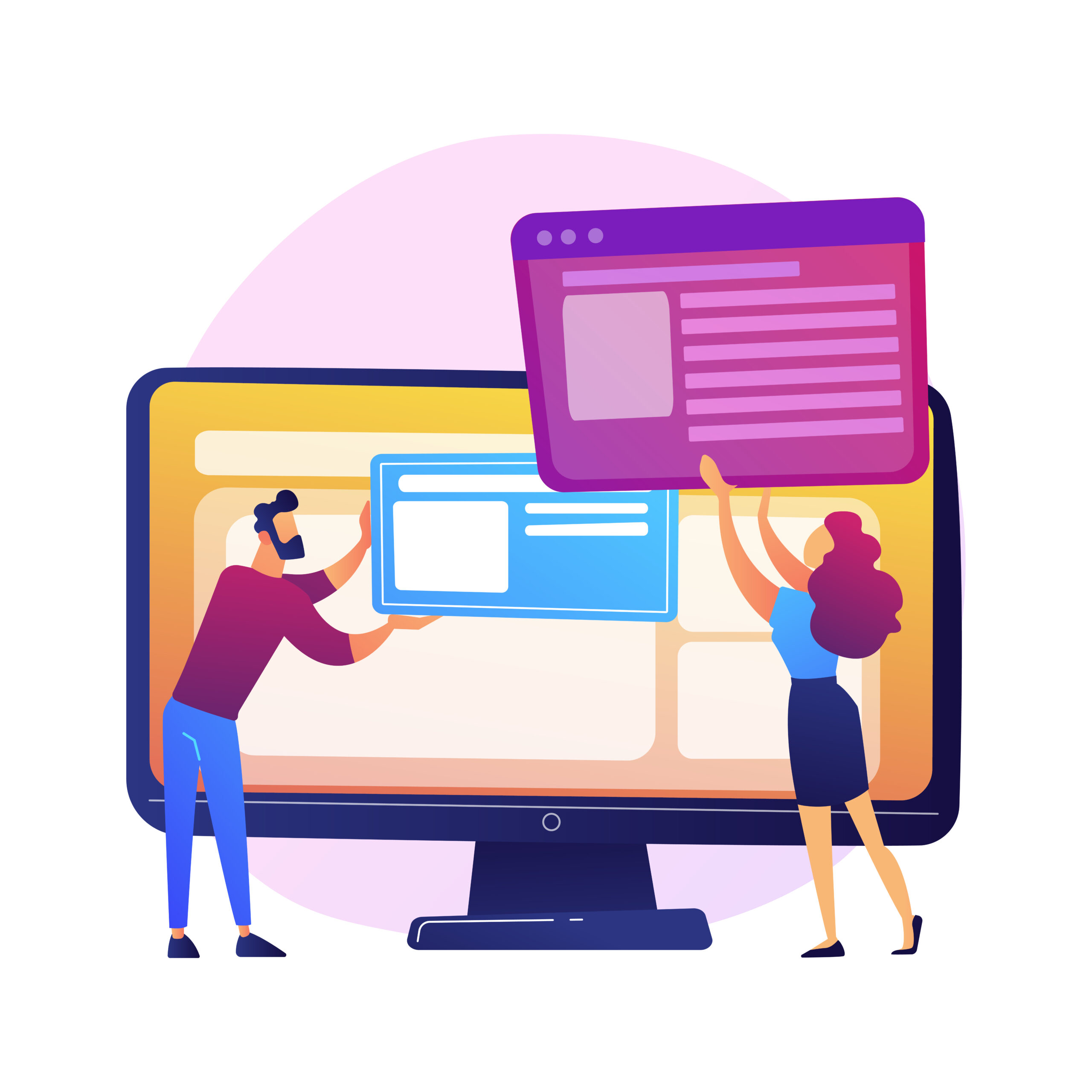 Website interface development planning. Devops team flat characters working. UI, UX, content design. Computer software creation and web development. Vector isolated concept metaphor illustration